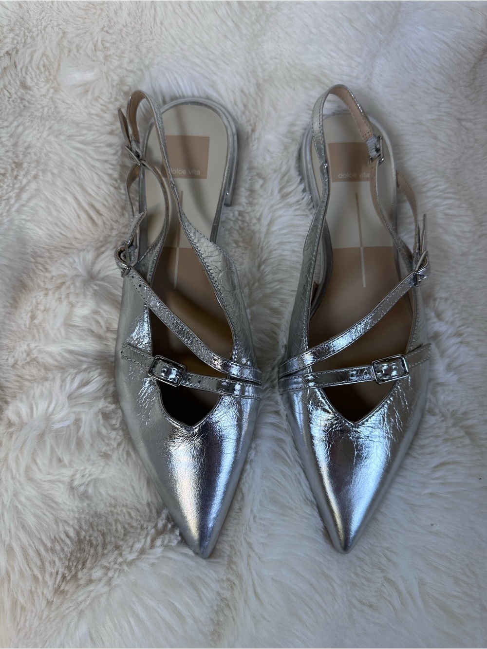 Dolce Vita Silver Pointed Slingback Flats with Buckle Straps